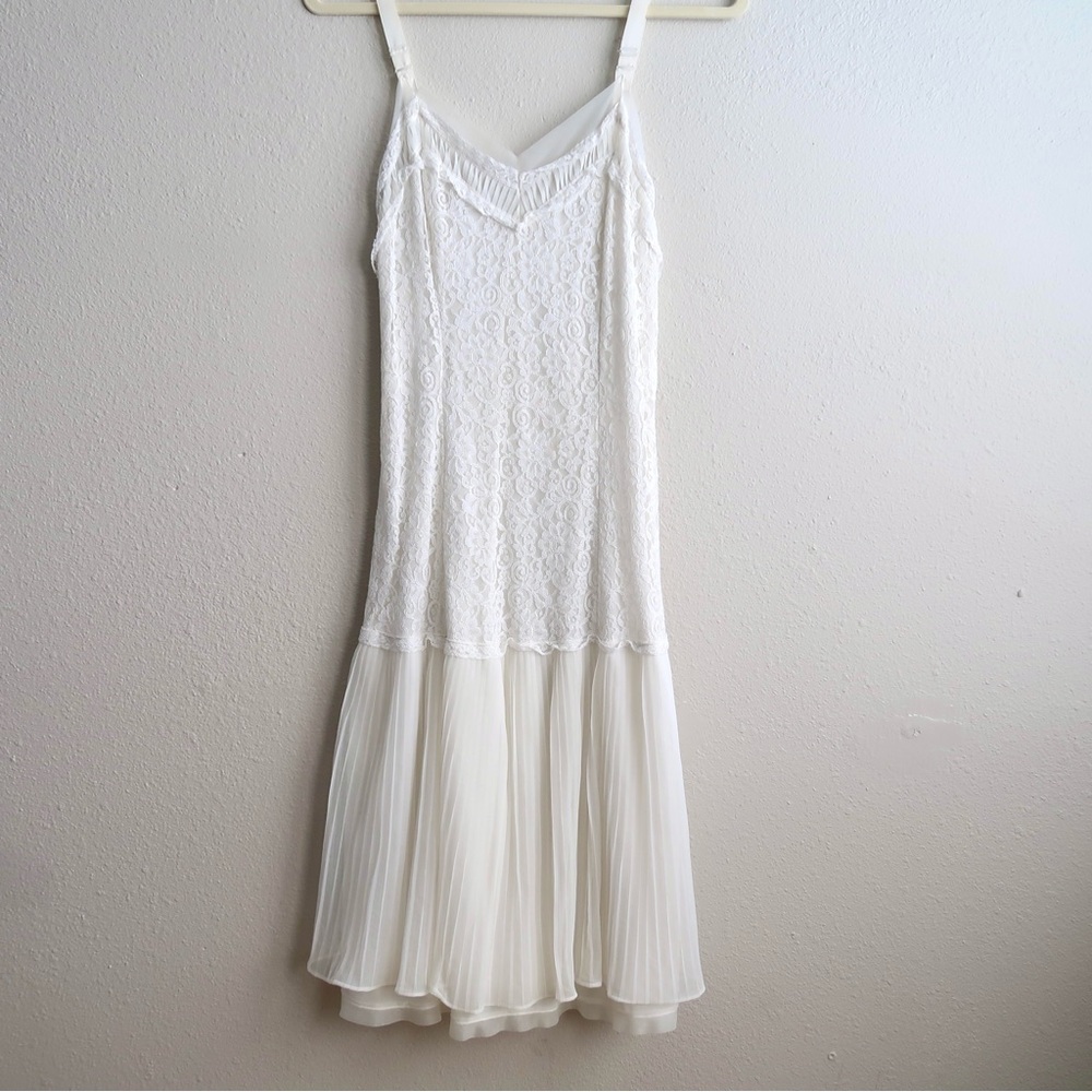 Vintage White Lace Slip Dress Pleated Chiffon Hem Lingerie Style Bridal 70s 80s